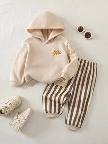 Cozy Pixies 男嬰童針織休閒極簡連帽抓絨衛衣與長褲2件套，適合秋冬，休閒時尚，百搭百用 - 彩色 - 查看 4