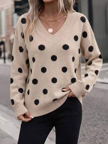 SHEIN LUNE 女款冬季社交穿搭 米色波點休閒復古V領針織毛衣，適合冬季/日常約會 - 彩色 - 查看 5