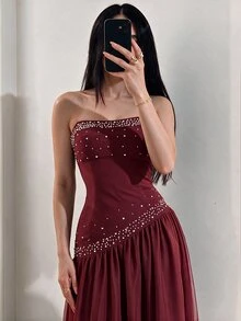 Modelyn 女款水鑽裝飾抹胸式正式優雅禮服，適合婚禮、活動、排練晚宴，黑色冬季款 - 酒紅色 - 查看 4