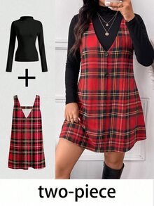 SHEIN Frenchy Casual Plus Size Women's Plaid Pattern Top And Solid Color Dress 2 Pieces Set, Autumn New Style - Multicolor - View 1