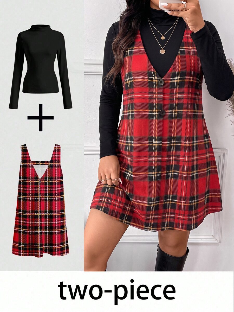 SHEIN Frenchy Casual Plus Size Women's Plaid Pattern Top And Solid Color Dress 2 Pieces Set, Autumn New Style - Multicolor - View 1
