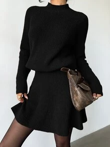 Elenzga 女款寬鬆休閒圓領紋理上衣與百褶裙兩件套 - 黑色 - 查看 3