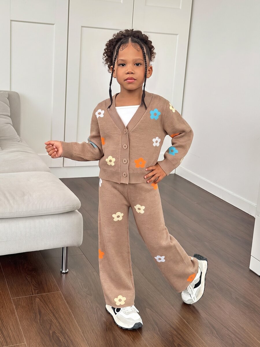 SHEIN Young Girl 2pcs/Set Young Girl Plain Cardigan & Knitted Pants, Sweater Outfits In Fall/Winter - Khaki - View 1