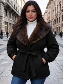 Easura Plus Size Women's Fur Collar Long Sleeve Single-Breasted Casual Winter Jacket - Black - View 3