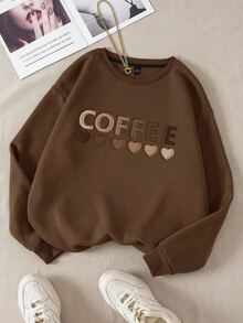 EMERY ROSE 大尺碼女款「Coffee Weather」字母印花休閒西式運動衫，秋季時尚服飾，棕色，適合正式約會之夜與冬季 - 巧克力棕 - 查看 3