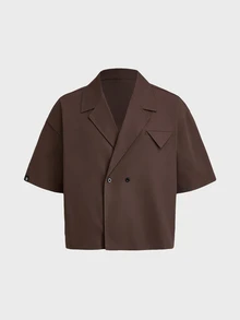 SWAVVY Men's Solid Color Double-Breasted Short Sleeve Shirt And Suit Pants Set - Brown - View 8