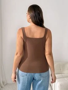 Shapeblank 女款大尺碼秋冬時尚休閒彈性舒適卡其色方領背心，保暖日常穿著，秋季上衣，打底上衣 - 棕色 - 查看 3