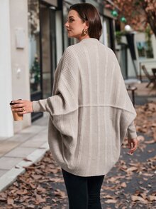 EMERY ROSE Plus Size Women's Autumn/Winter Asymmetrical Leg-Of-Gigot Sleeve Batwing Knit Cardigan Jacket - Khaki - View 2