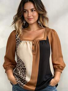 Weeklong Plus Size Leopard Print Color Block Shirt For Vacation - Multicolor - View 3