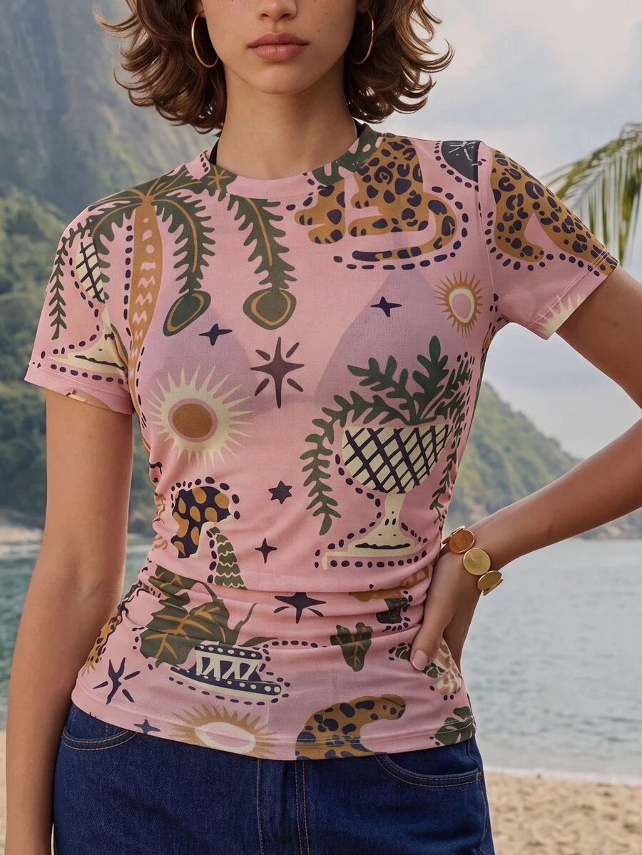 CAJUNI Áo tay ngắn in họa tiết cây nhiệt đới cho nữ đi du lịch - Hồng - Xem 1