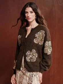 Anewsta Modern Winter Women's Dark Brown Sequin Embroidered Knit Cardigan - Coffee Brown - View 3