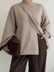 Dazy Plus Loose Business Casual Asymmetric Diagonal Placket Knit Pullover Half-High Neck Solid Color Minimalist Basic Sweater - Khaki - View 6