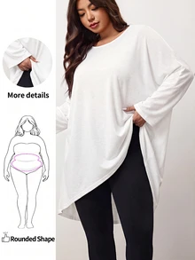 Enliva 大尺碼女款寬鬆蝙蝠袖不對稱下擺高低 T-shirt，圓領純色彈性柔軟舒適，灰色，適合秋季休閒、夜店、度假、辦公 - 白色 - 查看 1
