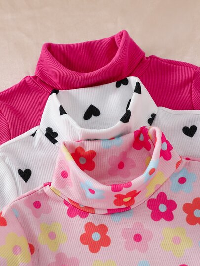SHEIN Young Girl Young Girl High Neck Long Sleeve Casual Ribbed T-Shirt Back-To-School Baby Pink Black Autumn