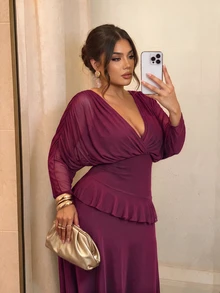 Firerie Plus Size Women's Solid Color V-Neck Casual Daily Summer Dress - Red Violet - View 5