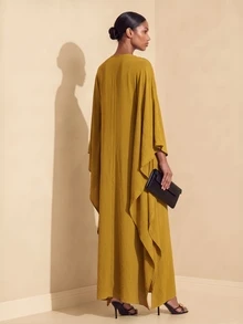 Vesra 女款秋季圓領芥末黃時尚優雅飄逸長洋裝 - 黃色 - 查看 2
