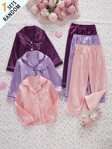 SHEIN 女童純色緞面簡約口袋愛心印花長袖開襟外套配長褲休閒居家服 3 套隨機發貨 1 - 淺灰紫 - 查看 3