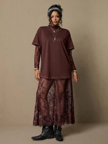 Freevana 大尺碼女款蕾絲立領長袖透視貼身洋裝 - 鏽棕色 - 查看 7
