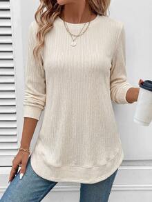 SHEIN LUNE Women's Casual Textured Ribbed Curved Hem Long Sleeve Sweatshirt, Suitable For Autumn/Winter - Multicolor - View 1