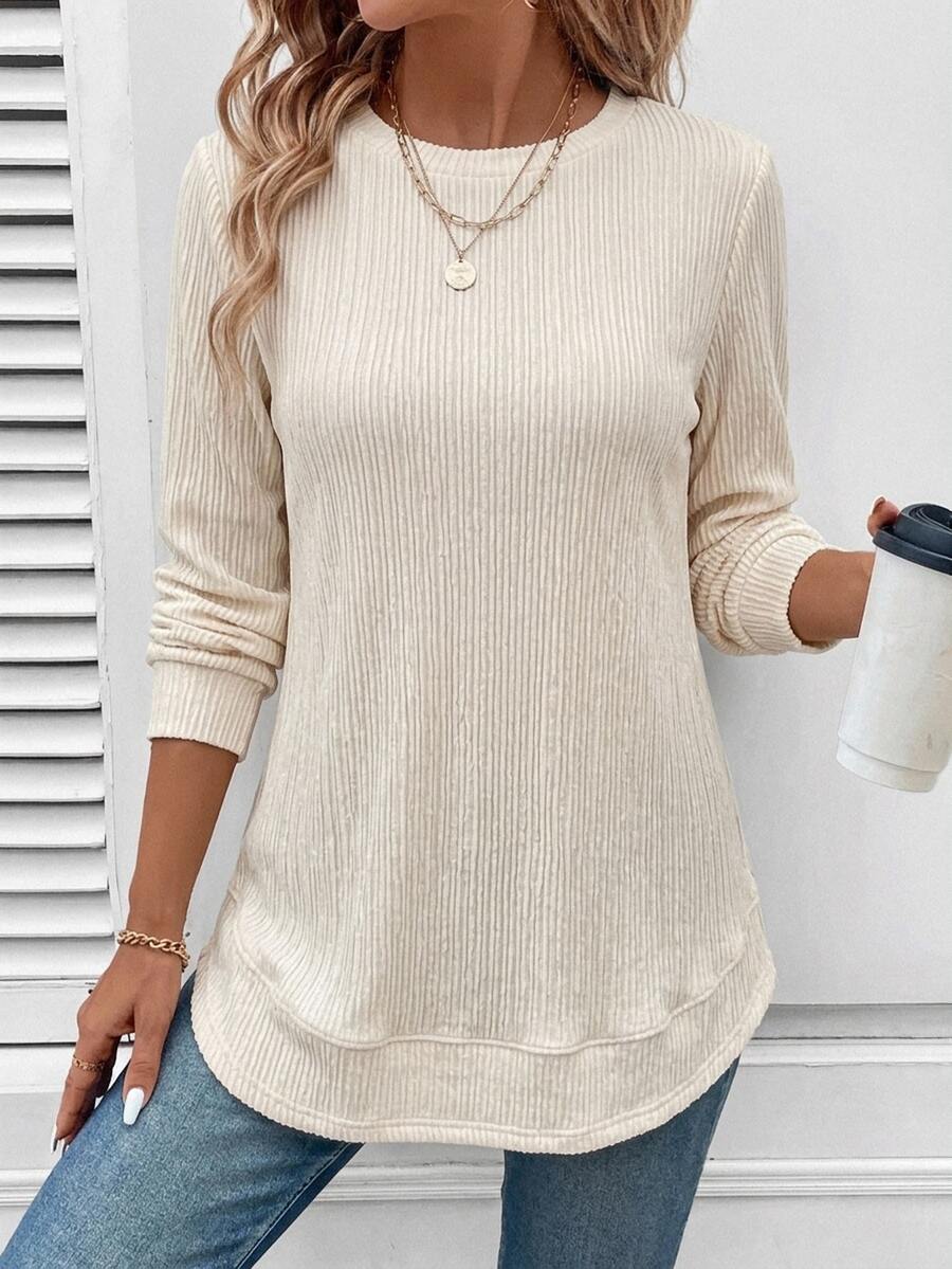 SHEIN LUNE Women's Casual Textured Ribbed Curved Hem Long Sleeve Sweatshirt, Suitable For Autumn/Winter - Multicolor - View 1
