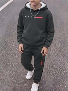 SHEIN 青少年男孩休閒運動學院風極簡寬鬆字母圖案抓絨內裡長袖連帽衛衣與運動長褲2件套，適合通勤、上學、日常休閒外出、運動，秋冬穿著 - 深灰色 - 查看 5