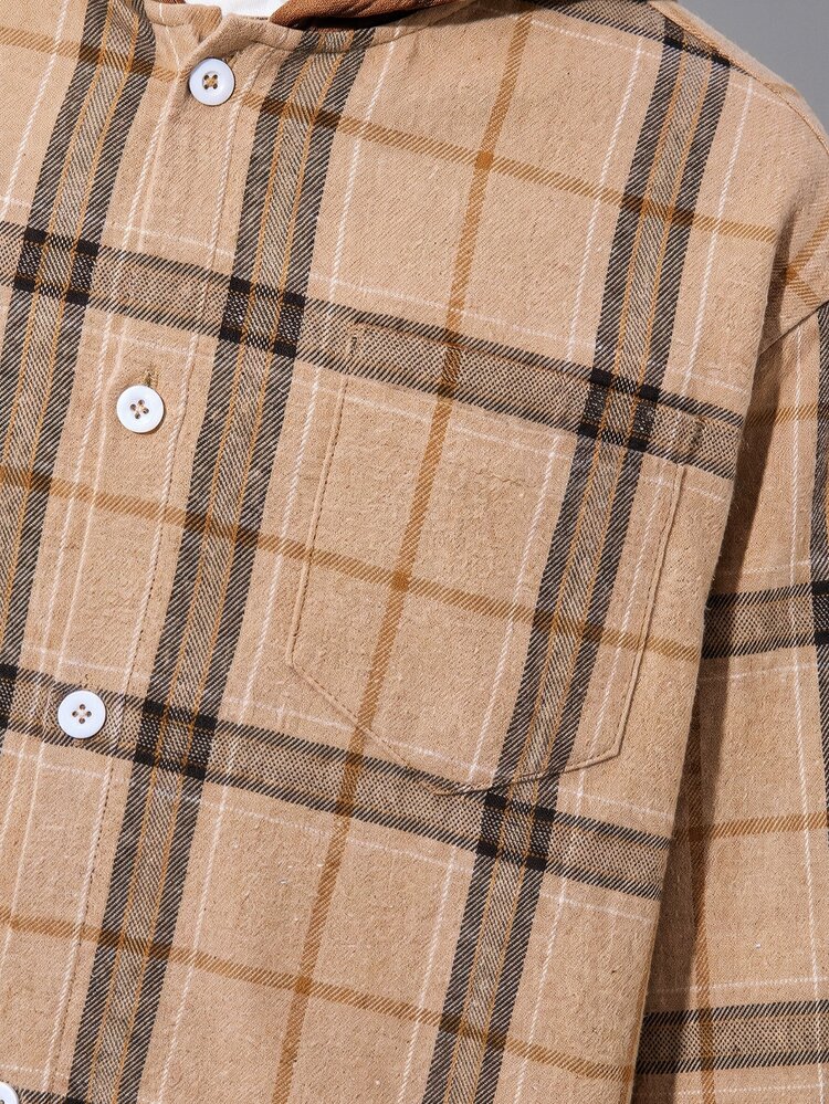 SHEIN Tween Boy Casual Plaid Colorblock Woven Button-Front Shirt, Fall (9), Winter (2), Brown - Khaki - View 6