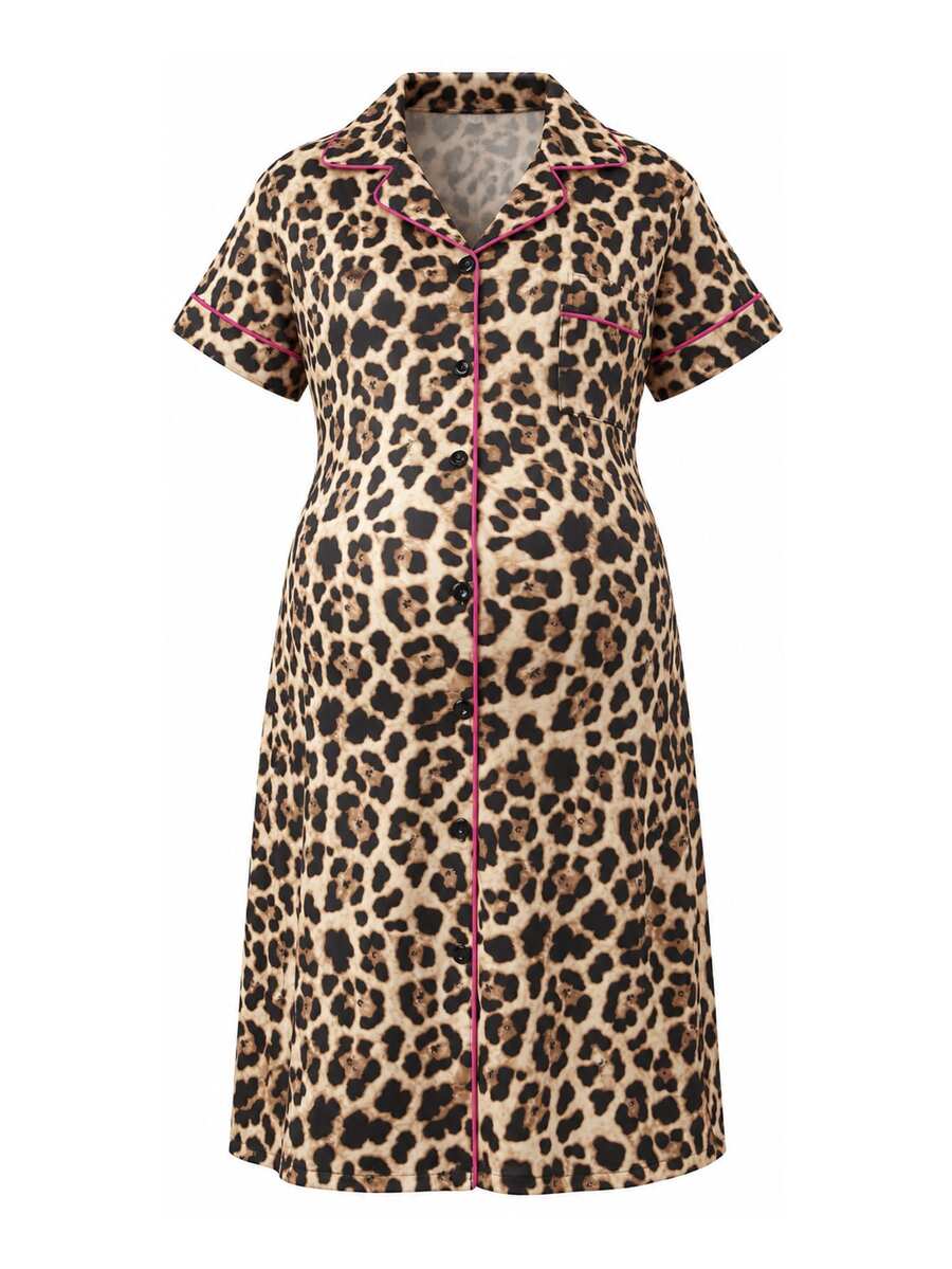 Moonlight&Mama Fashionable Versatile Leopard Print Contrast Trim Lapel Front Button Maternity Short Sleeve House Dress - Yellow - View 1