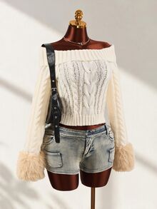Mistrie Women's Cable Knit Off-Shoulder Patchwork Fuzzy Cuff Fashion Sweater - White - View 3