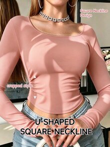 SHEIN Women's Solid Color Pleated Fitted Versatile Casual Top - Pink - View 3