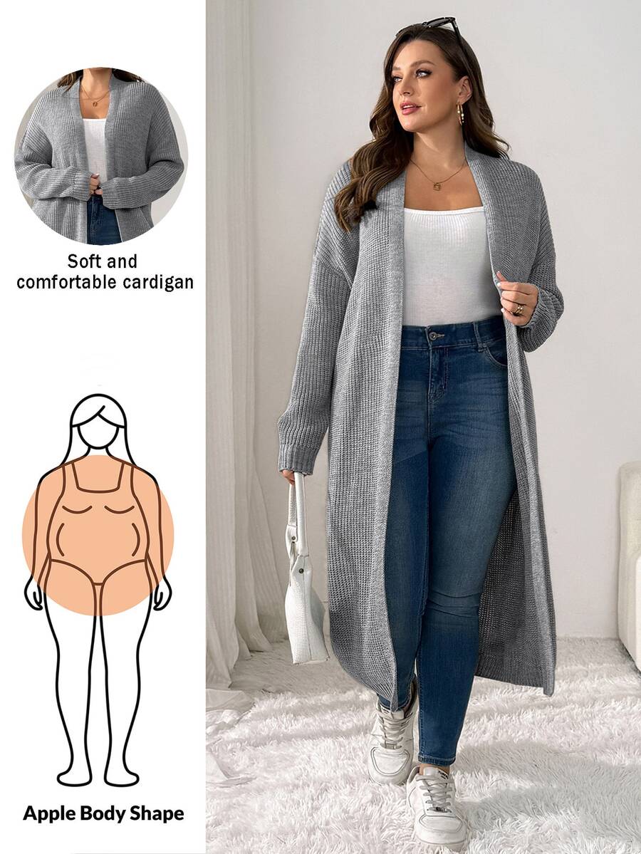 Shapeblank Women's Plus-Size Autumn/Winter Casual Elegant Baggy, Loose, Long-Sleeve Grey Knit Cardigan Fall Outfits, Coats Office Formal Evening Work Cardigan - Grey - View 1