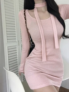 DAZY Solid Color Slim Fit Elastic Neck Tie Elegant Sexy Vacation Korean Style Spring Autumn Women's Short Dress - Pink - View 4