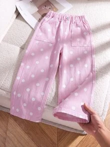 SHEIN Explorewe 女童牛仔長褲，秋季新品，粉色波點，彈性腰帶抽繩設計，寬鬆版型，輕量柔軟牛仔面料 - 粉色 - 查看 3