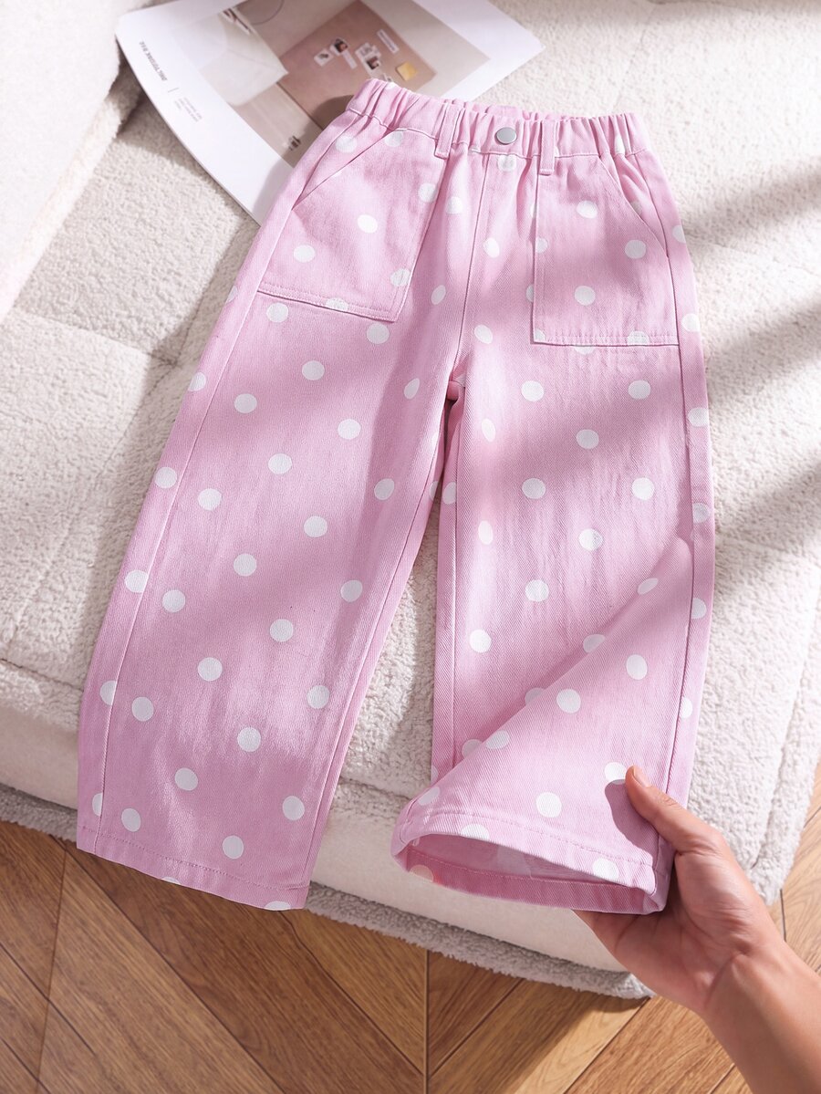 SHEIN Explorewe Girls' Denim Jeans, Autumn New Arrival, Pink With Polka Dots, Elastic Waistband With Drawstring Design, Loose Fit, Made Of Lightweight And Soft Denim - Pink - View 1