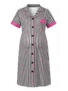 Moonlight&Mama Grey & White Vertical Striped All-Over Print Pink Heart Contrast Trim Lapel Cardigan Short Sleeve Maternity Loose Fit Nightgown Loungewear - Black - View 3