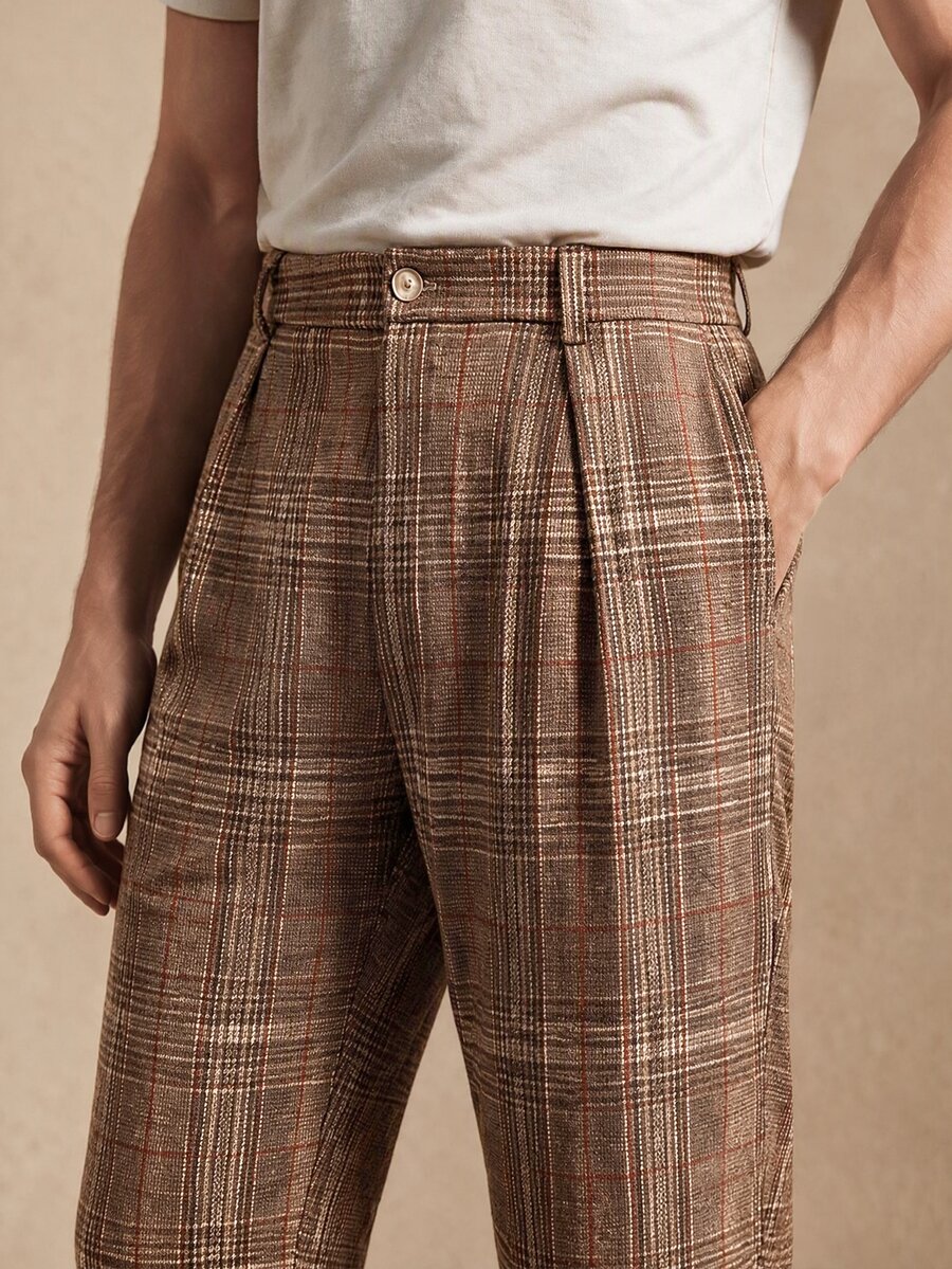 Core Aspect Men's Plaid Straight Leg Loose Fit Business Casual Daily Commute Office Trousers - Brown - View 1