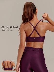 GLOWMODE Shimmer Ribbed Shiny Finish Adjustable Strap Sports Bra With Removable Cups Detachable Straps Low Impact Yoga Pilates Studio Daily Wear - Bold Plum - View 1