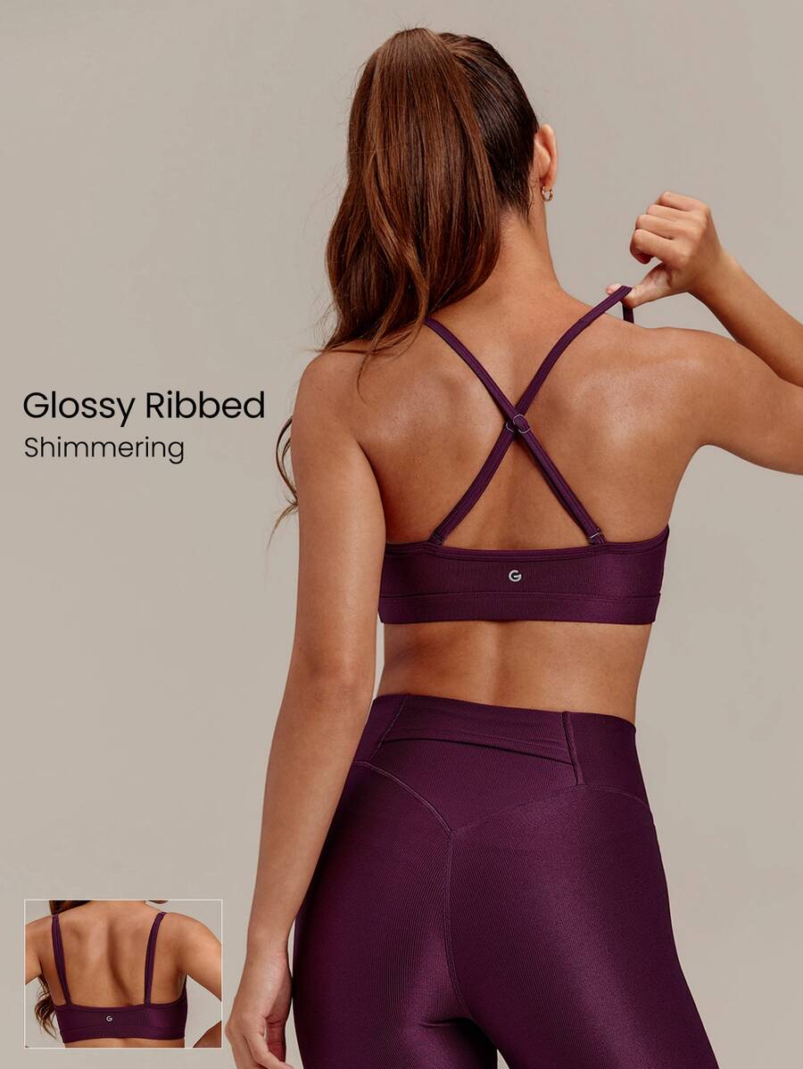 GLOWMODE Shimmer Ribbed Shiny Finish Adjustable Strap Sports Bra With Removable Cups Detachable Straps Low Impact Yoga Pilates Studio Daily Wear - Bold Plum - View 1