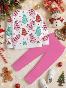 SHEIN Young Girl Casual Cute Christmas Tree Pattern, Polka Dot Snowflake, Sweet Cream Style, Round Neck Sweatshirt Elastic Waist Long Pants Set Suitable For Autumn/Winter Fleece Christmas, New Fall Styles, Chic, Fall Sets - Multicolor - View 4