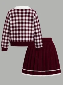 SHEIN Tween女孩 Ikids 粉色可愛刺繡馬標誌彼得潘領格紋毛衣 + 針織裙 2件套，Tween女孩長袖V領套頭衫，休閒優雅風 秋冬款 - 酒紅色 - 查看 3