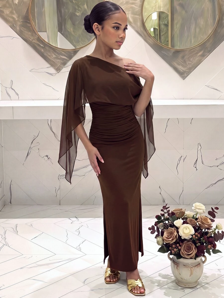 SHEIN Tween Girl Brown Knitted Tween Girl Kids Casual Elegant Shoulder Ruched Waist Long Autumn Dress Suitable For Outings And Parties Tween Girl - Coffee Brown - View 1
