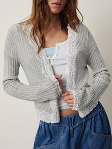 Willow Rêve Women's Light Gray Embroidered Lace Collar Decor Knitted Cardigan - Grey - View 1