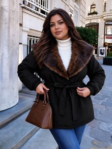 Easura Plus Size Women's Fur Collar Long Sleeve Single-Breasted Casual Winter Jacket - Black - View 5