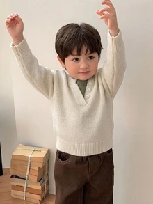 Hapijoa 男嬰對比色二合一長袖毛衣，秋冬幼兒款 - 米色 - 查看 4