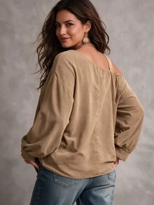 Weeklong Women's Plus Size Autumn/Winter Casual Asymmetrical Shoulder Long Sleeve Suede-Like Fabric Loose Shirt - Khaki - View 2