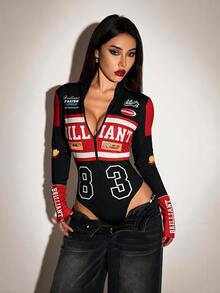 SHEIN ICON 女款字母與數字印花休閒日常長袖連身衣 - 彩色 - 查看 5