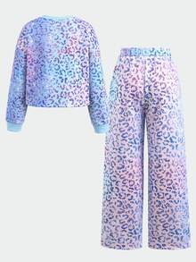 SHEIN 兒童青少年女孩秋冬休閒街頭風彩色漸層豹紋寬鬆圓領長袖套頭運動衫與百褶寬腿運動長褲套裝 2件套 - 彩色 - 查看 6