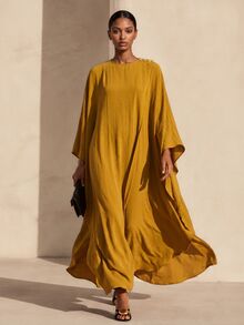 Vesra 女款秋季圓領芥末黃時尚優雅飄逸長洋裝 - 黃色 - 查看 1