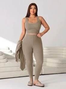 Solflare New Fall/Winter Plus Size Black 3 PiecesWarm Comfy Stretch Rib Knit Jacket, Vest & Leggings Set For Home, Work, Dates, School & Outings - Khaki - View 10