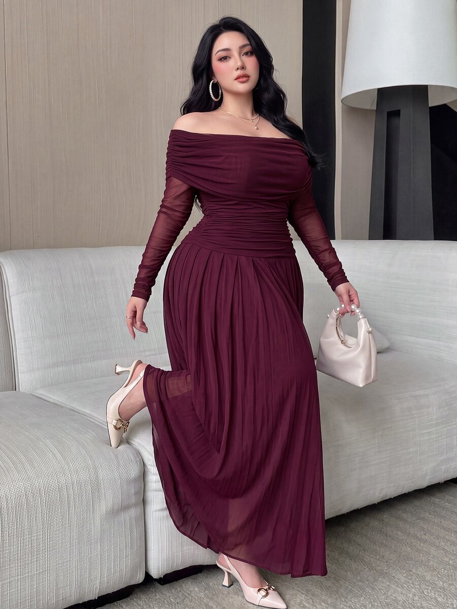 Feyla Plus Size Elegant Pleated Off-Shoulder Dress - Rusty Rose - View 1