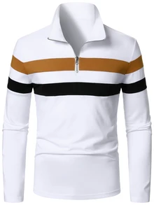 Manfinity Homme 男士拼色四分之一拉鍊領休閒工作 Polo 衫，適合丈夫，秋季長袖上衣 - 彩色 - 查看 3